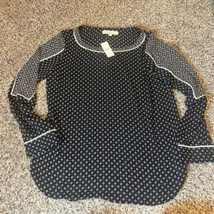 LOFT Black & White Geometric Print Long Sleeve Blouse
